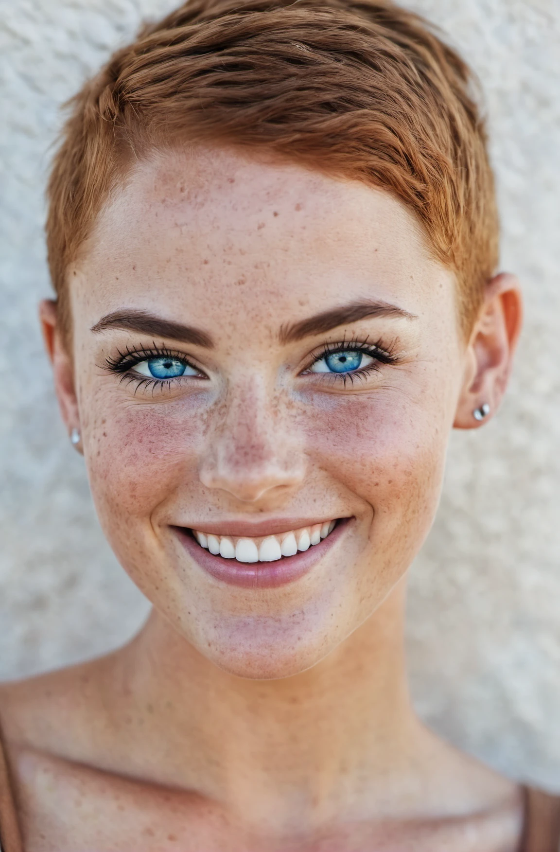 beautiful lady, (freckles), big smile, blue eyes, buzzcut hair, dark makeup, hyperdetailed photography, soft light, head and shoulders portrait, cover