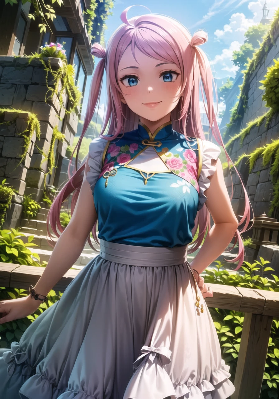 (masterpiece, best quality, ultra-detailed), (illustration), (beautiful detailed eyes), 1girl, solo, lanzhu zhong, long hair, pink hair, ahoge, blue eyes, two side up, sidelocks, <lora:Lanzhu_1.2:0.6>, medium breasts
dress
light smile, cowboy shot, tareme, 
outdoors, day, blue sky, (greenery:1.3), depth of field,  <lora:1651489307798708599 (1):0.4> <lora:add_detail:0.2> <lora:GoodHands-vanilla:1> <lora:tareme:0.6>