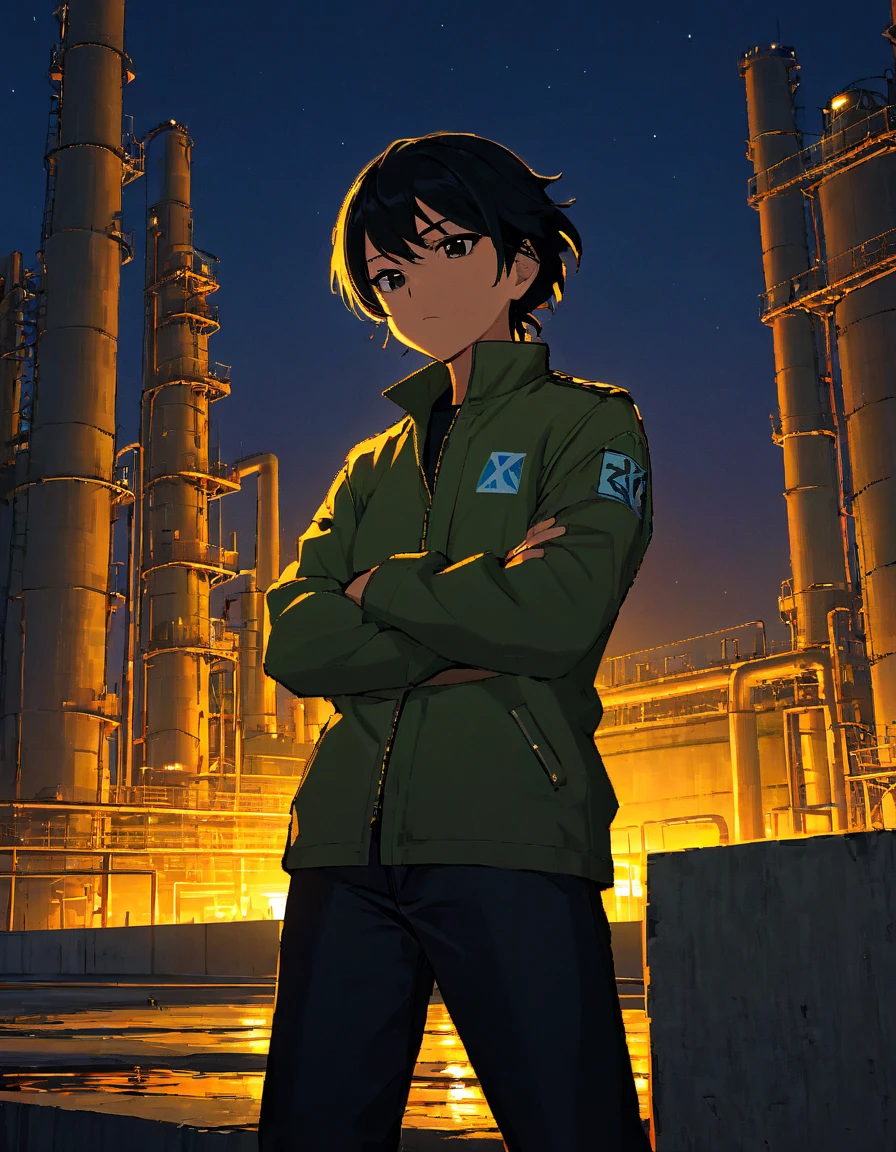 (colorful shonen anime style:1.1),Taliana,a woman,jacket,pants,shirt,boots,leaning against wall,crossed arms,concrete,in oil refinery,at night,floodlights,expressionless, <lora:TalianaXL:0.75>