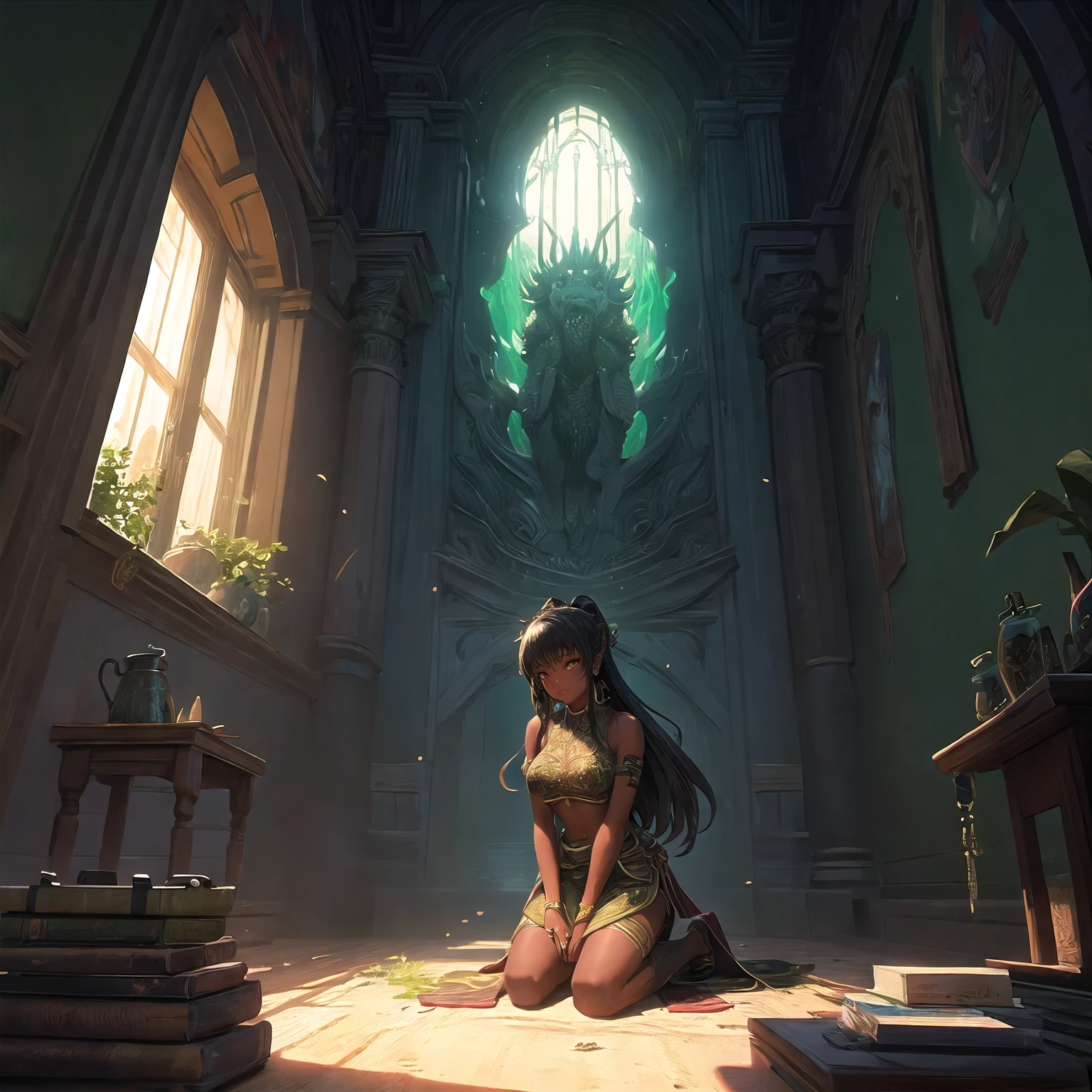 2d render illustration artwork by Dali,
best quality, caustics, on kneels, dark-skinned female, interior,
intricate , highly detailed, cinematic lighting ,
on the background a prehistoric henge structure in a lush green field under dawn light