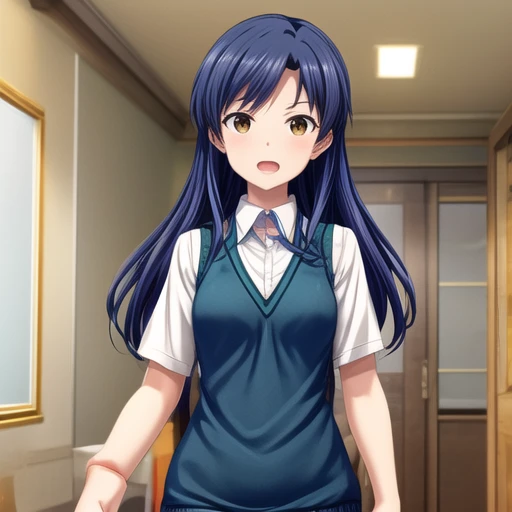 best quality,Girl looking at us and having a conversation,open mouth,(spoken),in entrance hall of dorm,(wearing light green sweater vest:1.3),(wearing  dress shirt:1.3),perfect anatomy,(masterpiece:1.0), detailed hair,illustration,\(Kisaragi Chihaya:1.2\),\(idolmaster, official art, blue straight long hair\),(sweat:0.8),(shame:0.5),dark yellow eyes,day,<lora:lcm-lora-sdv1-5:0.3>,<lora:flat2:-0.7>,extremely detailed CG unity 8k wallpaper,best quality