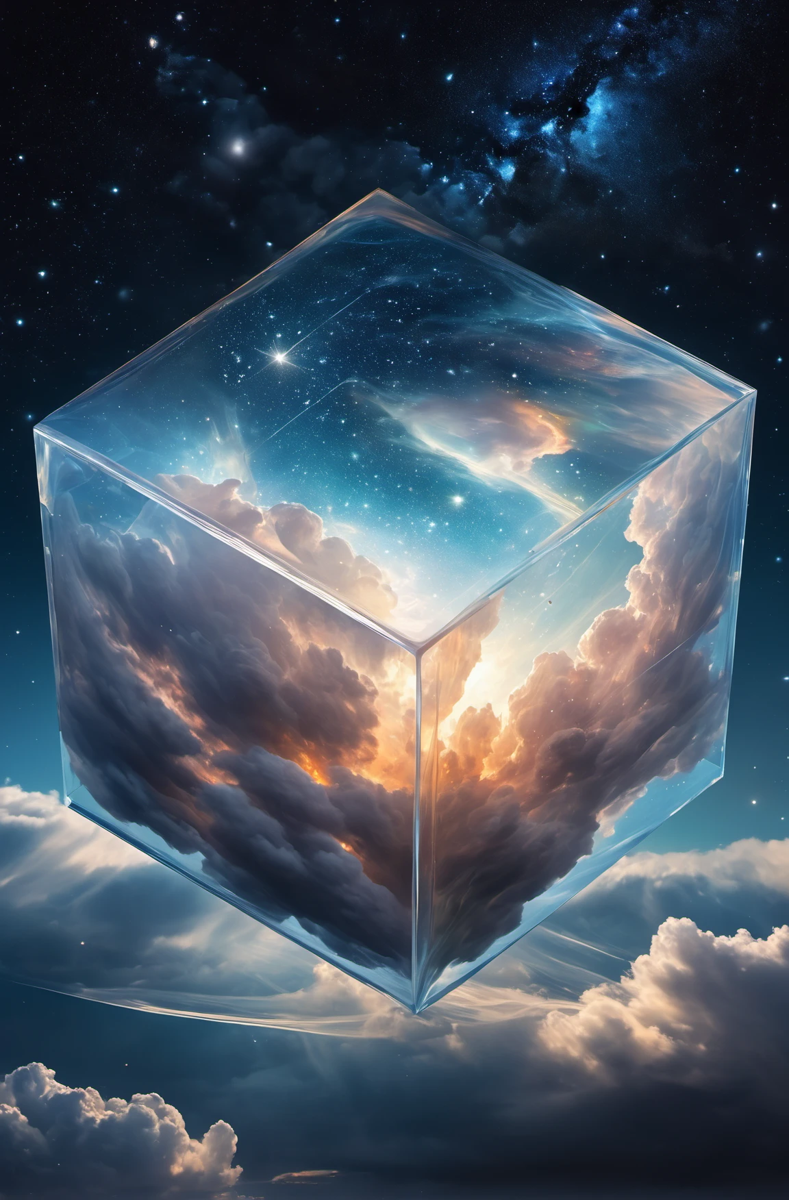 Bosch-style, a translucent cube traps eerie clouds, the starsscape warps, time distorts, surrealism reigns, stars, Glowing, sparkling