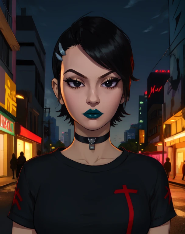 cubeJSRF,black hair,black eyes,lipstick,short hair,hairclip,
black shirt,midriff,choker,stomach tattoo,
upper body,standing,
cityscape,night,graffiti,
(insanely detailed, beautiful detailed face,, masterpiece, best quality) cinematic lighting,<lora:cube:0.7>,