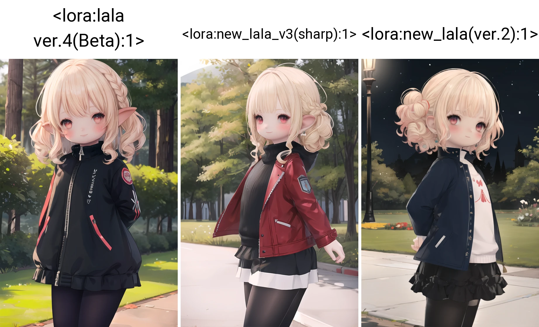 masterpiece, high quality,
blonde hair, red eyes, blush, forest, open jacket, light smile, curly hair, looking at viewer, from side, female , arms behind back,
jumping, black legwear, <lora:lala ver.4(Beta):1>