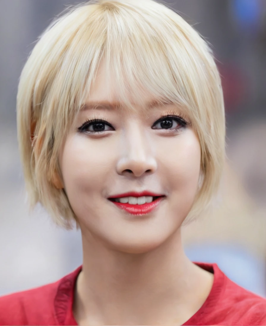 a beautiful picture of ch04x, short hair,blonde, idol,smile, masterpiece, face focus, photorealistic, woman,4k, hdr,  bloom, light, RAW color photo,(fully in frame:1.1), (blush:0.5), (goosebumps:0.5),  <lora:ch04xl:1>, wearing a red shirt