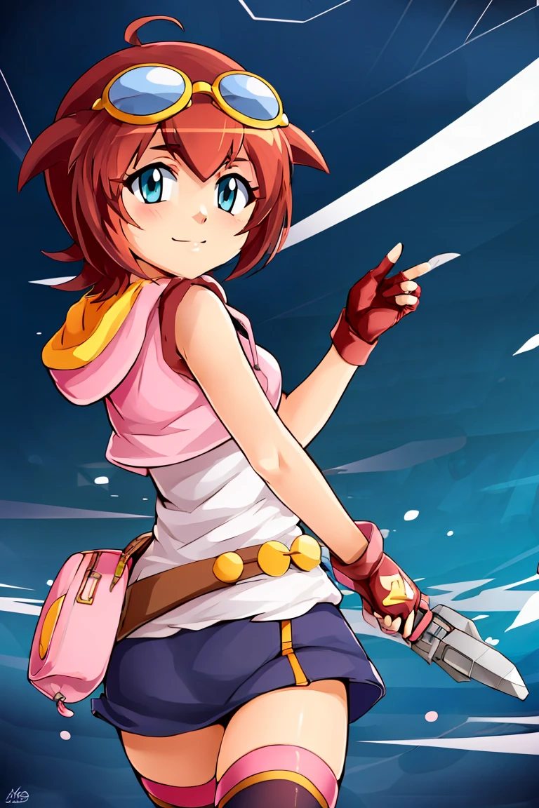 <lora:ricegnat_style:0.8>,((masterpiece,best quality)), absurdres, <lora:Amano_Madoka_Beyblade:0.8>, Amano_Madoka_Beyblade, 1girl, solo, short hair, aqua eyes, brown hair, goggles on head, skirt, zettai ryouiki, white thigh highs, pink hoodie, fingerless glove, peach sign, solo, smile, looking at viewer,
