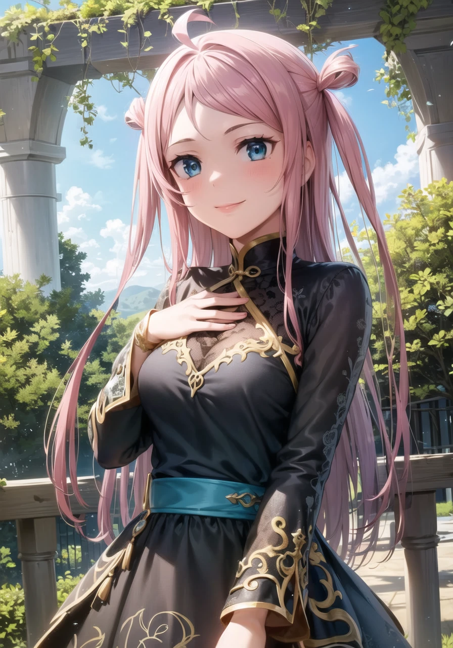 (masterpiece, best quality, ultra-detailed), (illustration), (beautiful detailed eyes), 1girl, solo, lanzhu zhong, long hair, pink hair, ahoge, blue eyes, two side up, sidelocks, bangs, <lora:Lanzhu_1.2:0.6>, medium breasts
dress
light smile, cowboy shot, tareme, hands on chest
outdoors, day, blue sky, (greenery:1.3), depth of field,  <lora:1651489307798708599 (1):0.4> <lora:add_detail:0.2> <lora:GoodHands-vanilla:1> <lora:tareme:0.6>