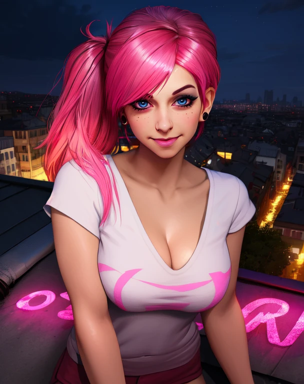 Fetch,multicolored hair,pink hair,blue eyes,
white shirt with logo,shorts,earrings,cleavage,smile,
standing,upper body,skin tight,
city rooftop,neon lights,night,
(insanely detailed, beautiful detailed face,, masterpiece, best quality) cinematic lighting,<lora:Fetch-10IF:0.8>,