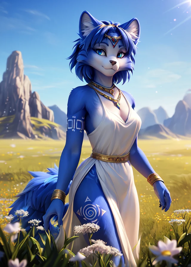 (by Frevilisk, by John Doe \(artist\), by Clockbirds, by Fumiko),
solo female chibi (((krystal))), (golden wristband, white dress:1.25),
(three-quarter view, three-quarter portrait, looking at viewer:1.25),
(grassland, legend of zelda:1.3), (, sunny day, sky, plant, white flower, light beam),
BREAK,
(detailed background, depth of field, shadow, sunlight, ambient light on the body, backlighting), masterpiece, best quality, ultra realistic, 4k, 2k, (high detail:1.15),
(3d \(artwork\):1.2), blender \(software\), soft focus,
ray tracing, (unreal engine:1.3), absurd res