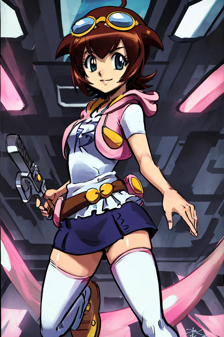 <lora:Alex_Ahad_Style:0.8>,((masterpiece,best quality)), absurdres, <lora:Amano_Madoka_Beyblade:0.8>, Amano_Madoka_Beyblade, 1girl, solo, short hair, aqua eyes, brown hair, goggles on head, skirt, zettai ryouiki, white thigh highs, pink hoodie, solo, smile, looking at viewer,