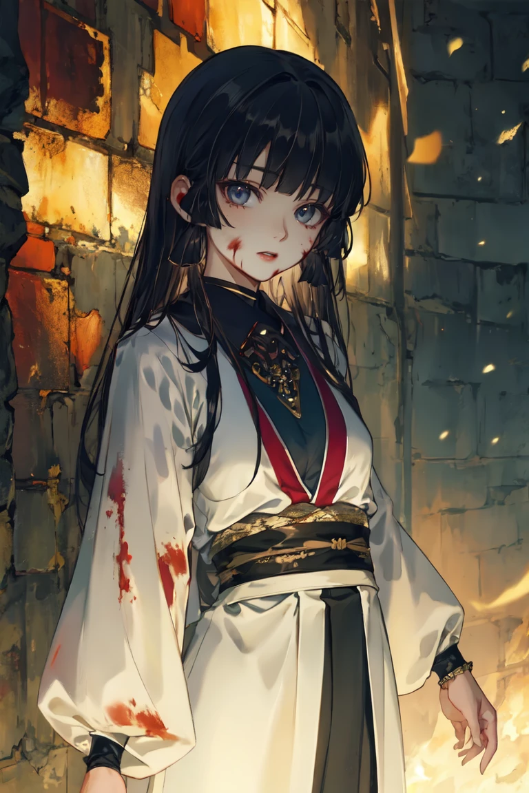 masterpiece, best quality, ultra-detailed, glistening shiny, glowing light, ray tracing, HDR, deph of field, (perfect face, detailed face), <lora:BanYue:0.8>, banyue, long hair, small breasts, kimono, blood, cowboy shot