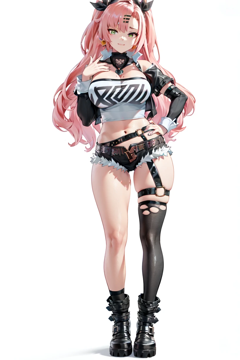 8k, best quality, masterpiece, (ultra-detailed:1.1), (high detailed skin),
(full body:1.2), white background, standing, looking at viewer, (solo:1.4), hand on hip,
<lora:nike-v100:0.85>, nike, 1girl, large breasts, hair ribbon, twintails, pink hair, tube top, midriff, black shorts, (single thighhigh:1.2),
(white background, simple background:1.4),
<lora:GoodHands-vanilla:0.55>, ( good hands, nice hands:0.5),
(beautiful_face), ((intricate_detail)), clear face,
((finely_detailed)), fine_fabric_emphasis,
((glossy)), full_shot