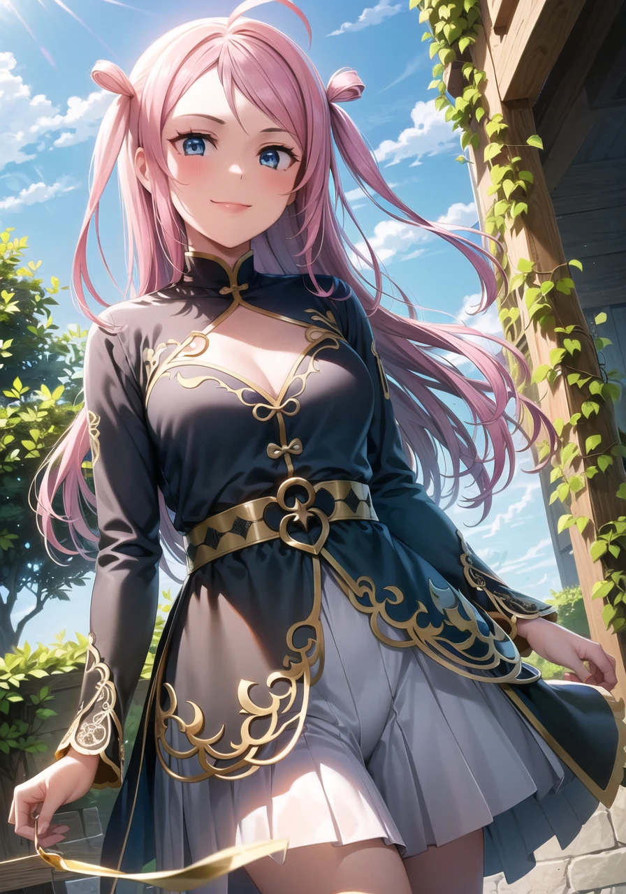 (masterpiece, best quality, ultra-detailed), (illustration), (beautiful detailed eyes), 1girl, solo, lanzhu zhong, long hair, pink hair, ahoge, blue eyes, two side up, sidelocks, <lora:Lanzhu_1.2:0.6>, medium breasts
dress
light smile, cowboy shot, tareme, 
outdoors, day, blue sky, (greenery:1.3), depth of field,  <lora:1651489307798708599 (1):0.4> <lora:add_detail:0.2> <lora:GoodHands-vanilla:1> <lora:tareme:0.6>