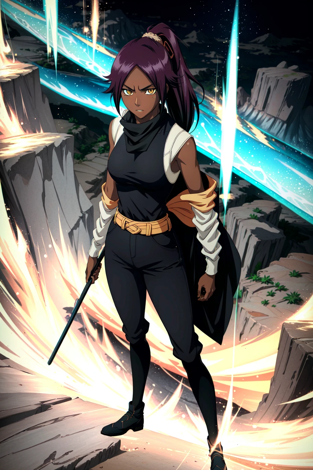 <lora:OGT_Yoruichi_Shihouin-v2:1> (extremely detailed CG unity 8k wallpaper),(masterpiece),(best quality),(ultra-detailed),(best illustration),(best shadow),(absurdres),(detailed background), Yoruichi Shihouin, 1girl, shihouin yoruichi, solo, dark-skinned female, medium breast, dark skin, purple hair, ponytail, long hair, scarf, full body, standing, yellow eyes, pants, sleeveless, black turtleneck shirt, clenched hands, mature woman