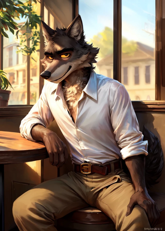 (Bypbap , Cutesexyrobutts),
(((mr. wolf \(the bad guys\)))), (sitting, three-quarter front view, three-quarter portrait, white shirt, brown belt, khaki pants:1.3),
(france coffee shop:1.25), (window, morning, inside),
BREAK,
(detailed background, depth of field, half body shadow, sunlight, ambient light on the body),
masterpiece, best quality, 4k, 2k, (intricate:0.9), (high detail, shaded, realistic:1.25), absurd res