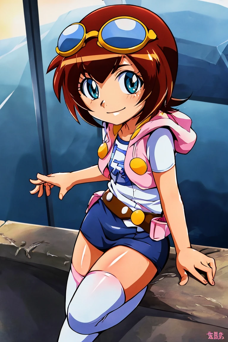 <lora:hoshino_fuuta_style:0.8>,((masterpiece,best quality)), absurdres, <lora:Amano_Madoka_Beyblade:0.8>, Amano_Madoka_Beyblade, 1girl, solo, short hair, aqua eyes, brown hair, goggles on head, skirt, zettai ryouiki, white thigh highs, pink hoodie, solo, smile, looking at viewer,