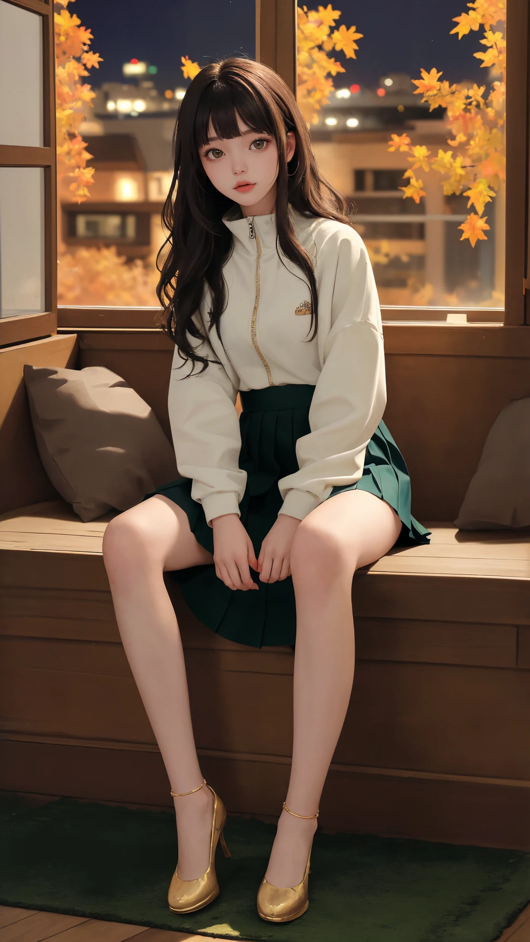 (masterpiece:1.4),(best quality:1.4),(absurdres:1.4),(looking at viewer),(intricate details:1.2), (extremely detailed:1.2), ((full body)), (character on center),
indoors, 1girl, bangs, natural wavy, long hair, night, peaceful face, city,
zip-up with flat skirt,
bare legs, autumn, sitting,