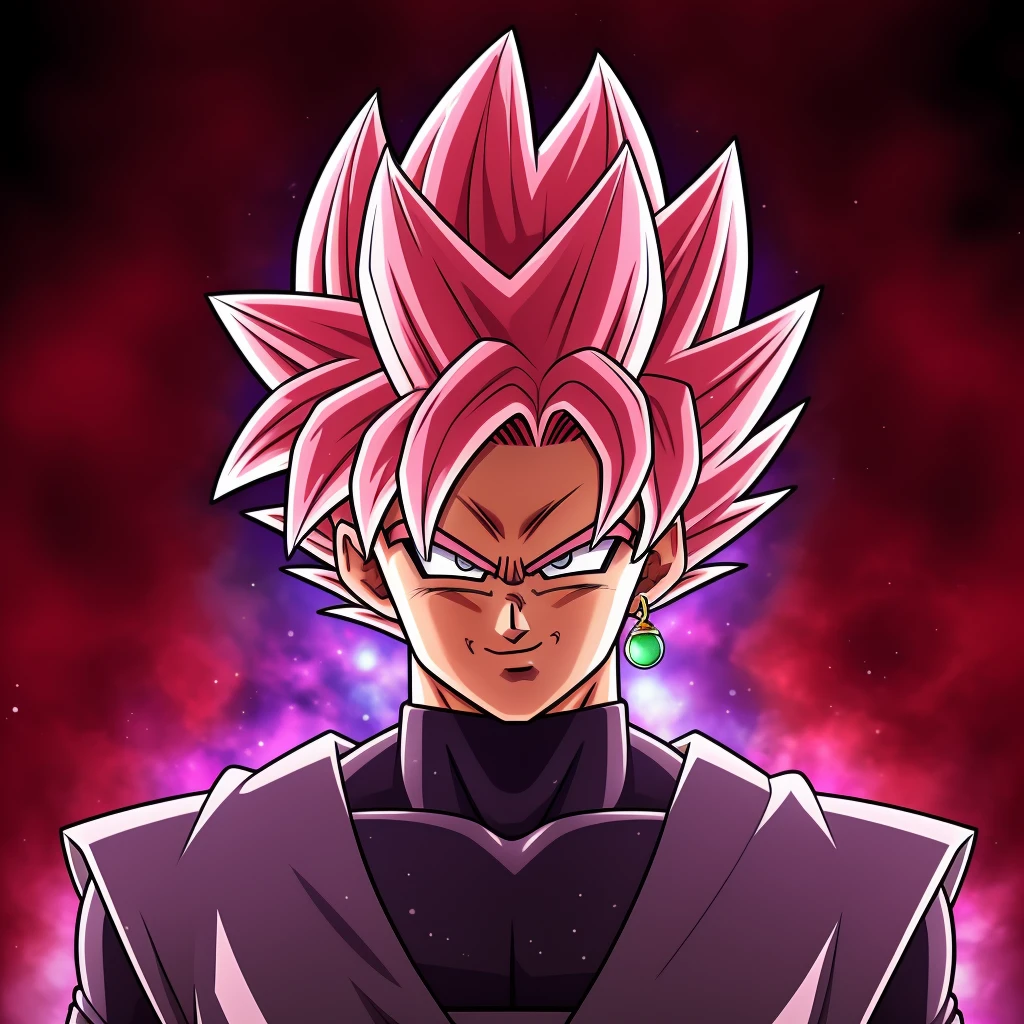 Best_QualityPos, RAW photo, intricate details, best quality, 8k uhd, soft lighting, 1boy, solo, spiked hair, pink hair, pink eyes, super saiyan, single earring, dougi <lora:Goku_Black_Super_Saiyan_Rose:0.6>