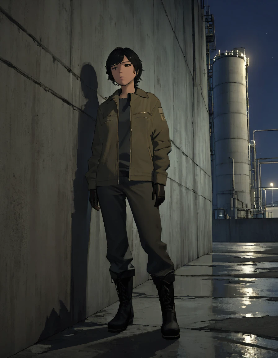 Taliana,a woman,jacket,pants,shirt,boots,leaning against wall,concrete,in oil refinery,at night,expressionless, <lora:TalianaXL:0.75>