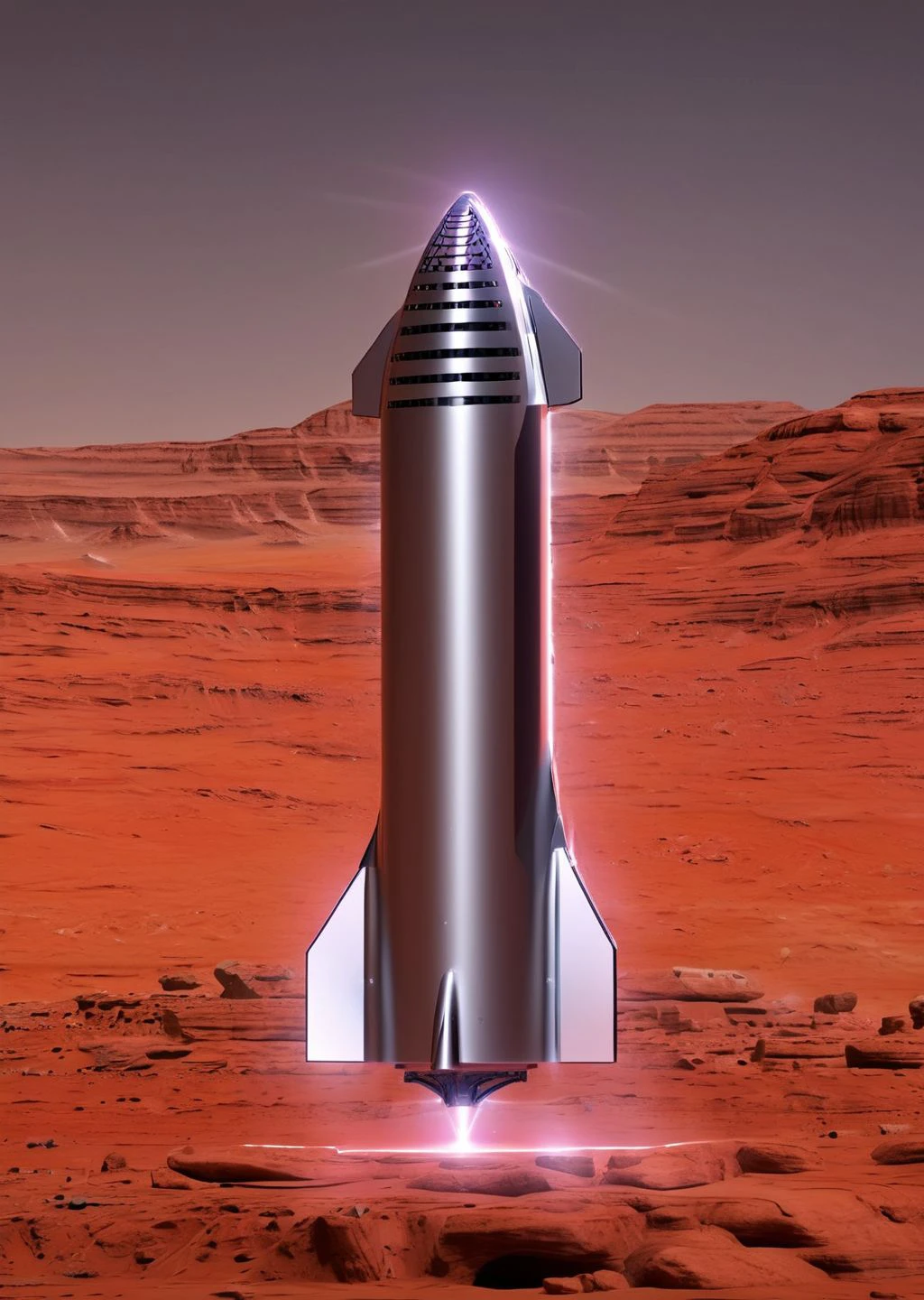 Medium shot of A shiny silver Starship idle on the surface of Mars with landing legs, background Mars rovers, high tech, orange Martian night time landscape, (photorealistic:1.3), dusty, mountain range, science fiction, hyperrealism, brown sky, (pointy shiny silver rockets):0.8, red and white mushrooms dotting the terrain, Extremely high-resolution details, photographic, crisp, fine texture, incredibly lifelike <lora:snowmountxl_v1:1>  <lora:Starship:1>