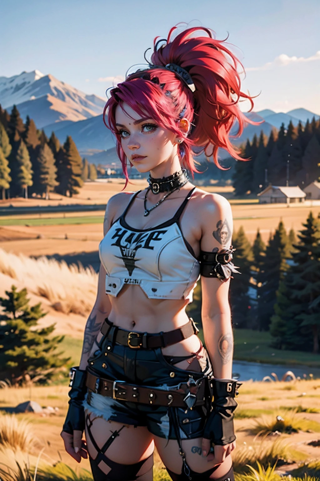 <lora:punk:0.8>a punk woman, highland moor, (golden hour:0.5)