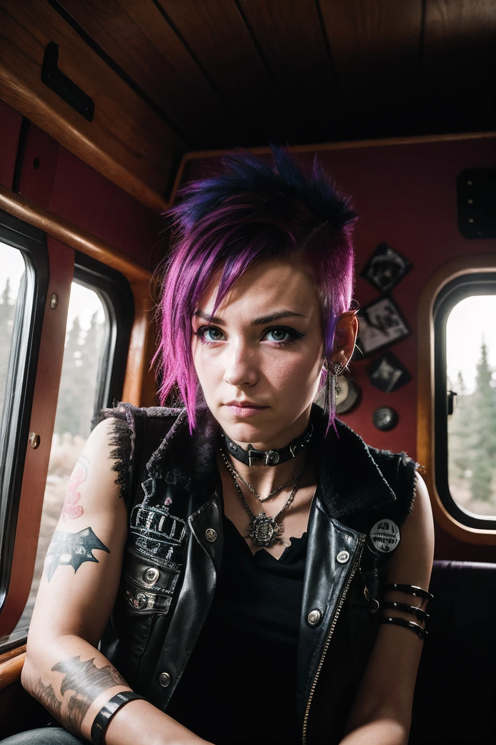 <lora:punk:0.8>a punk woman, cabin interior, (soft diffused lighting:0.5)