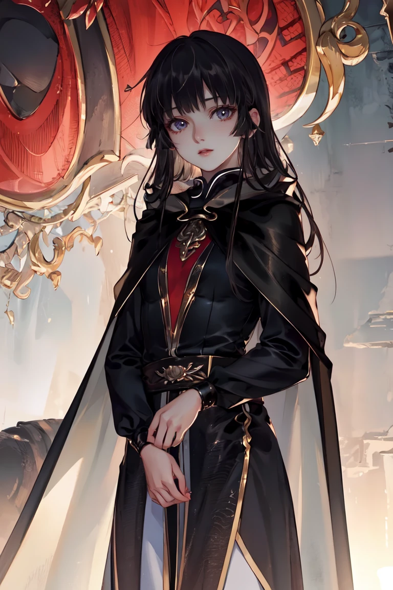 masterpiece, best quality, ultra-detailed, glistening shiny, glowing light, ray tracing, HDR, deph of field, (perfect face, detailed face), 1girl, solo, <lora:BanYue:0.8>, banyue, long hair, small breasts, cape, black dress, standing, cowboy shot,