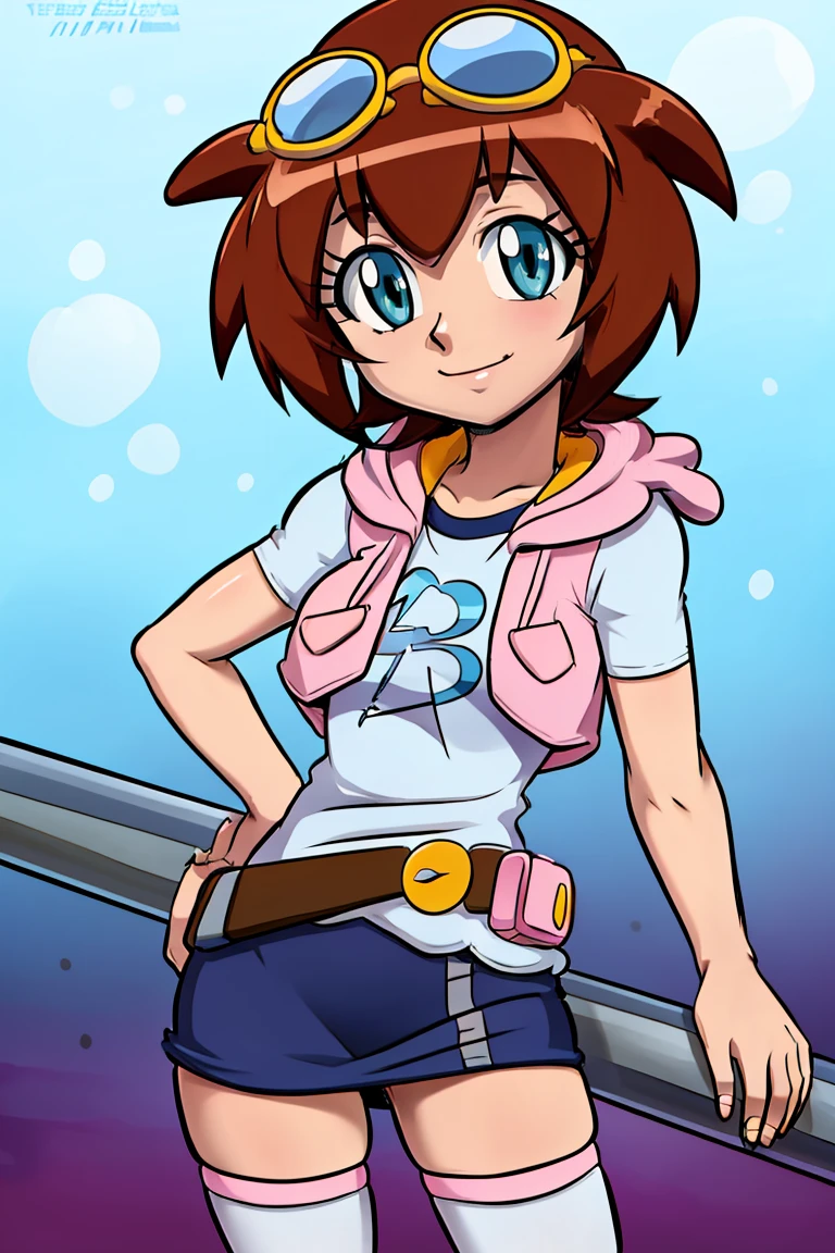 <lora:the_other_half_style:0.8>,((masterpiece,best quality)), absurdres, <lora:Amano_Madoka_Beyblade:0.8>, Amano_Madoka_Beyblade, 1girl, solo, short hair, aqua eyes, brown hair, goggles on head, skirt, zettai ryouiki, white thigh highs, pink hoodie, solo, smile, looking at viewer, sitting,