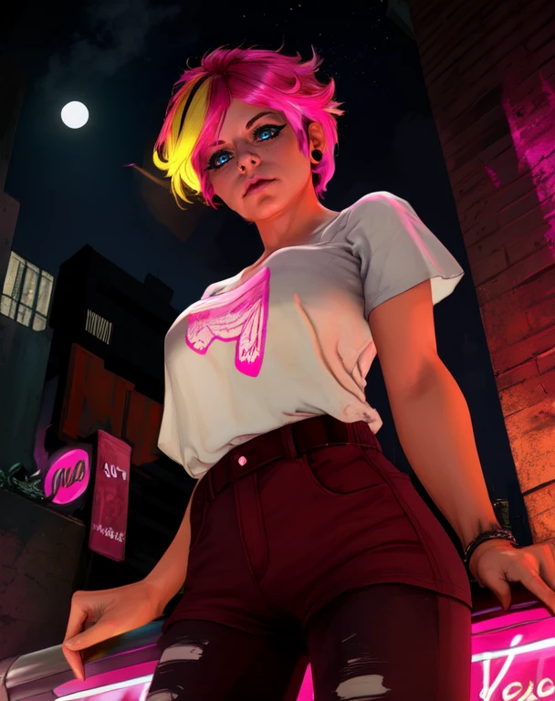 Fetch,multicolored hair,pink hair,blue eyes,
white shirt with logo,shorts,earrings,jeans,
standing,upper body,from below,skin tight,
city rooftop,neon lights,night,
(insanely detailed, beautiful detailed face,, masterpiece, best quality) cinematic lighting,<lora:Fetch-10IF:0.8>,