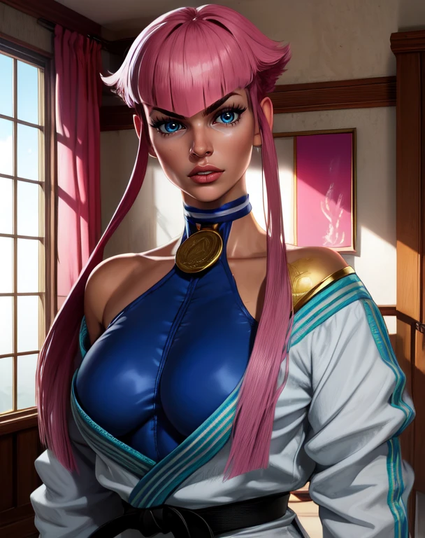 manon,pink hair,short hair with long locks,blue eyes,
blue bodysuit,white karate gi,wristband,choker with gold,black belt,
room,colorful,indoors,
standing,upper body,
(insanely detailed, beautiful detailed face, masterpiece, best quality),