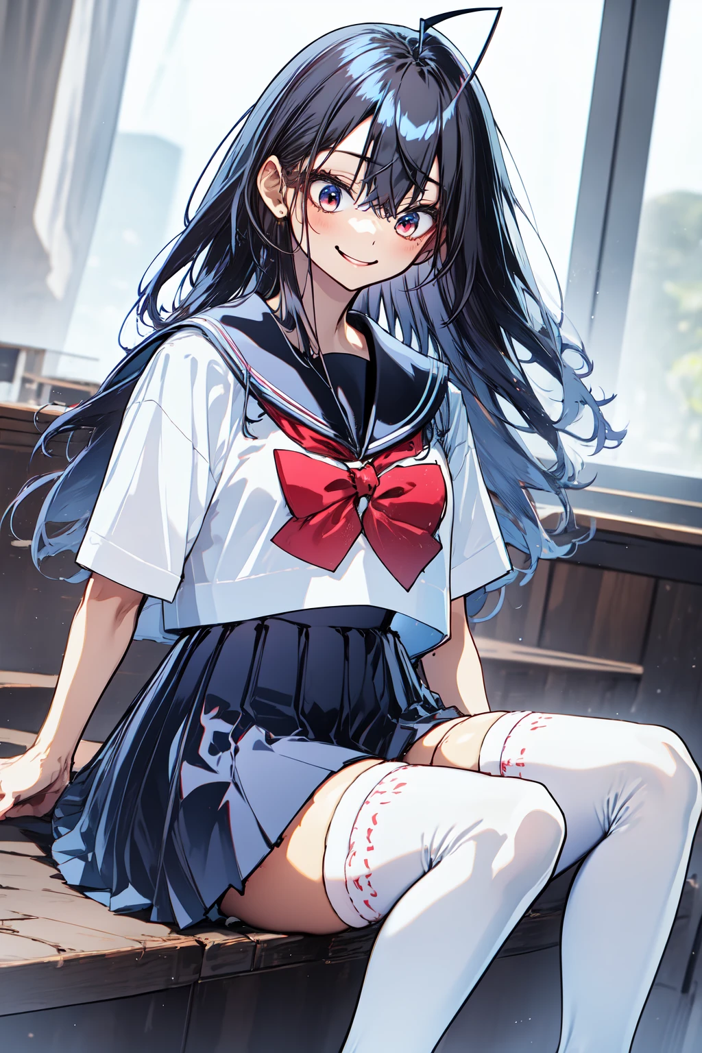 1girl, indoors, cowboy shot, sitting, smile,
yonagi_kei, red eyes, long hair, black hair, (ahoge:1.2), hair between eyes, bangs, school uniform, serafuku, sailor collar, bow, short sleeves, pleated skirt, thighhighs, zettai ryouiki, <lora:yonagi_kei_lora_ver1:0.7>, best quality, masterpiece, highres, <lora:GoodHands-vanilla:1>