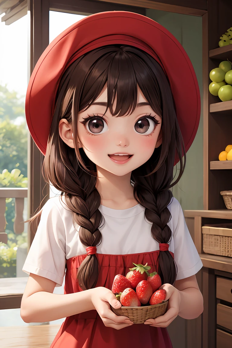 masterpiece,best quality,dramatic, 1girl, solo, long hair, smile, open mouth, bangs, brown hair, hat, strawberry, holding fruit, upper body, braid,chibi, black eyes, twin braids, fruit, red headwear, cropped torso, <lora:GoodHands-beta2:1>