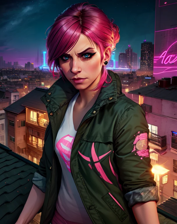 Fetch,multicolored hair,pink hair,blue eyes,serious,
green jacket,white shirt with logo,shorts,earrings,jeans,
standing,upper body,
city rooftop,neon lights,night,
(insanely detailed, beautiful detailed face,, masterpiece, best quality) cinematic lighting,<lora:Fetch-10IF:0.8>,