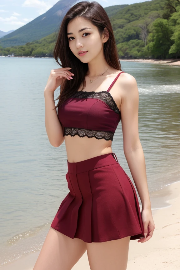 1 woman, beautiful, detailed, full body shot, scenic view
<lora:Shirt & Skirt By Stable Yogi:0.5> maroon shirt, miniskirt, lace trim, midriff