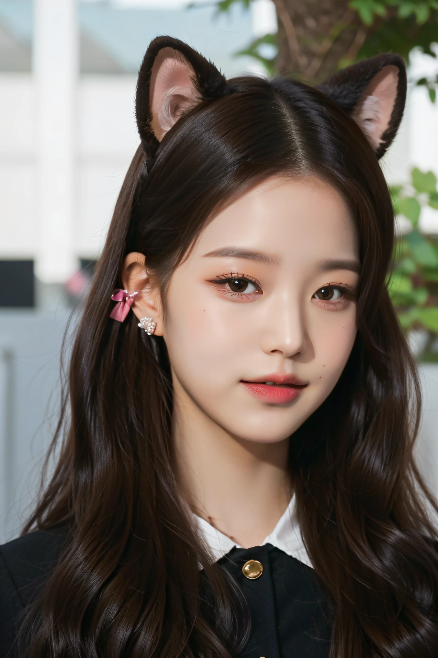 1girl, solo, long hair, looking at viewer, brown hair , bando with animal ears, realistic, normal ear,