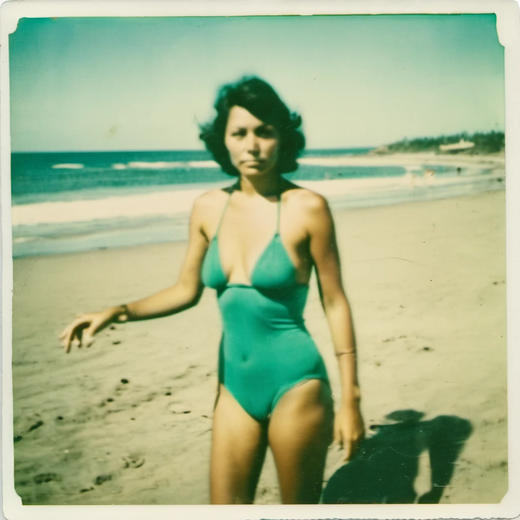 Taliana,a woman,photograph,old color polaroid,wearing teal bikini,on beach, <lora:TalianaXL:0.8>