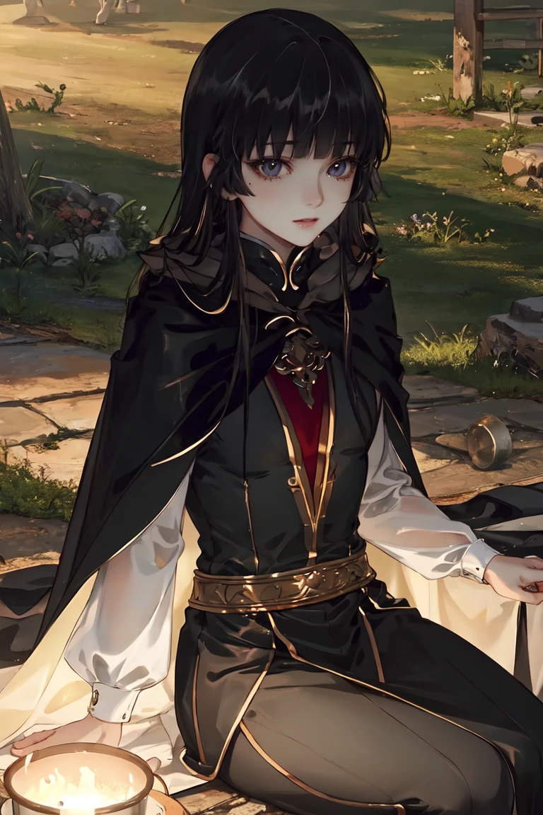 masterpiece, best quality, ultra-detailed, glistening shiny, glowing light, ray tracing, HDR, deph of field, (perfect face, detailed face), <lora:BanYue:0.8>, banyue, long hair, small breasts, cape, sitting, park