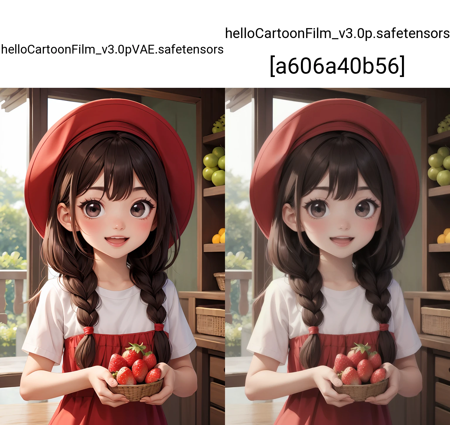 masterpiece,best quality,dramatic, 1girl, solo, long hair, smile, open mouth, bangs, brown hair, hat, strawberry, holding fruit, upper body, braid,chibi, black eyes, twin braids, fruit, red headwear, cropped torso, <lora:GoodHands-beta2:1>