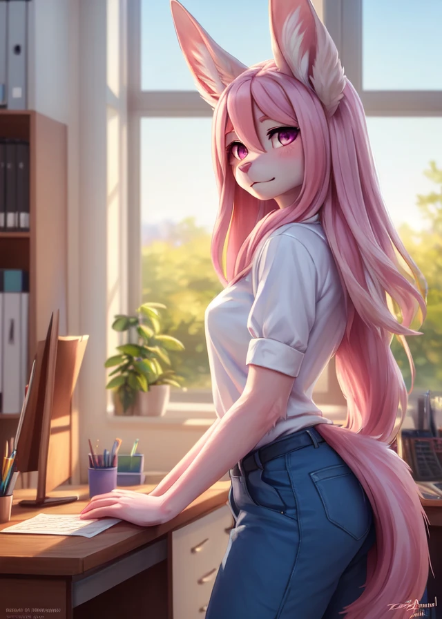 (by Wlop, by Mike Winkelmann (Beeple), by Kinsheph, by Personalami),
solo (((nazuna hiwatashi, kemono))) (white shirt, blue pants:1.2),
(standing, three-quarter view, half-length portrait, looking at viewer:1.2),
BREAK,
(office, inside:1.25), (window, sunny day)
masterpiece, best quality, 4k, 2k, (intricate:0.9), (high detail, realsitic:1.25), absurd res
