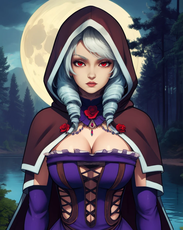 viola,red eyes,white hair,twin drills,
hood up,cape,rose,detached sleeves,cleavage,dress,jewelry,necklace,frills,
standing,looking at viewer,upper body,
forest,night,lake,moon,
(insanely detailed, beautiful detailed face, masterpiece, best quality),solo,<lora:viola-SC510v2:0.8>,