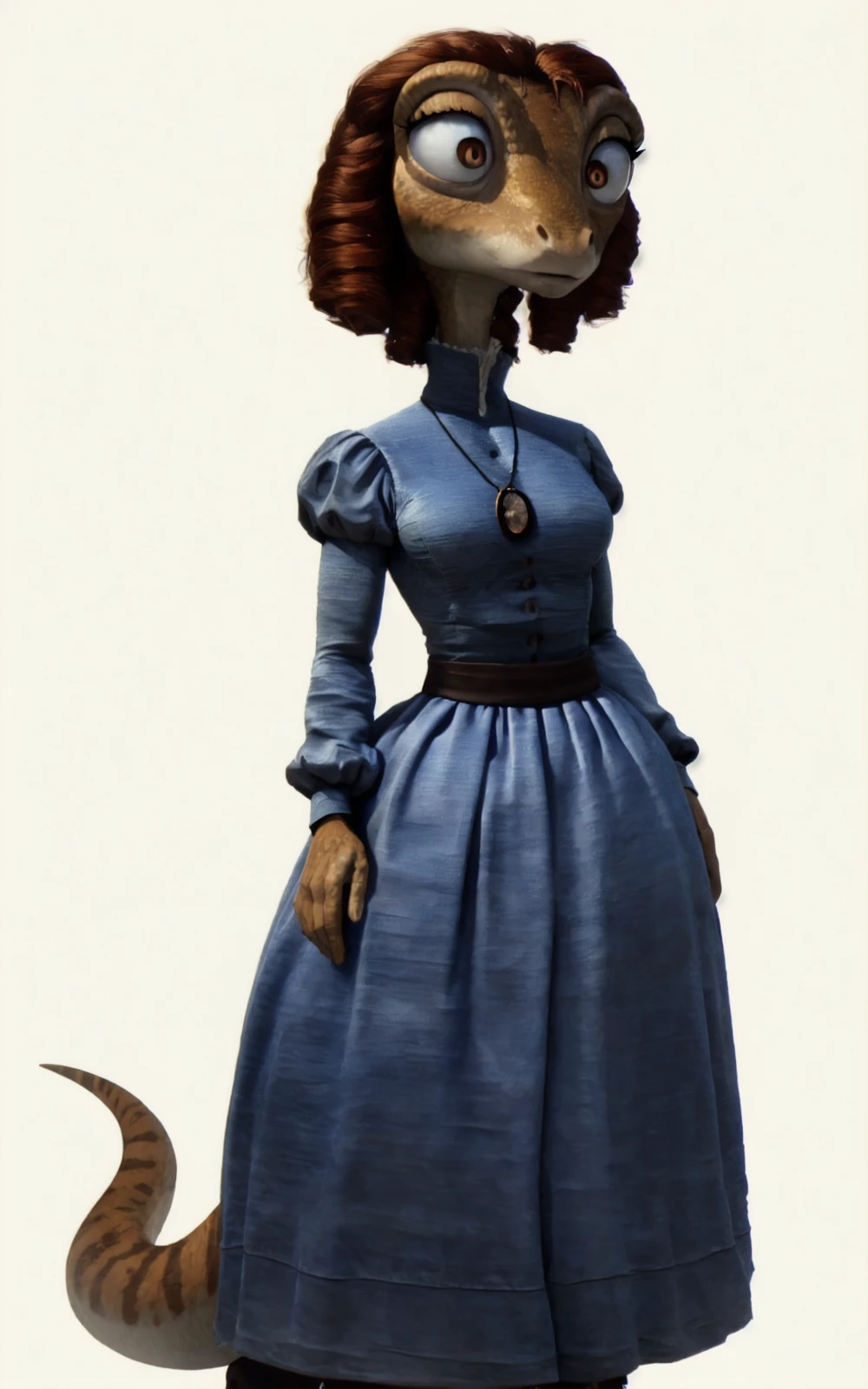 8k.4k,((Best quality, masterpiece, ultra high resolution)),((full body)),standing, by pixelsketcher, <lora:RBeans:1>,jewelry, brown eyes,long sleeves, brown hair,juliet sleeves, necklace,puffy sleeves, short hair, curly hair,anthro lizard, dress, blue dress,white background,big eyes,(wide open eyes),RBeans,skinny,boots