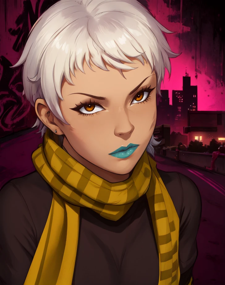 jazzJSRF,white hair,lipstick brown eyes,
scarf,black shirt,long sleeve,midriff,
upper body,standing,
cityscape,night,graffiti,
(insanely detailed, beautiful detailed face,, masterpiece, best quality) cinematic lighting,<lora:jazz:0.8>,