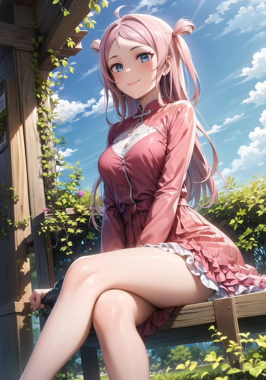 (masterpiece, best quality, ultra-detailed), (illustration), (beautiful detailed eyes), 1girl, solo, lanzhu zhong, long hair, pink hair, ahoge, blue eyes, two side up, sidelocks, <lora:Lanzhu_1.2:0.6>, medium breasts
dress
light smile, cowboy shot, tareme, sitting, crossed legs, arms support
outdoors, day, blue sky, (greenery:1.3), depth of field,  <lora:1651489307798708599 (1):0.4> <lora:add_detail:0.2> <lora:GoodHands-vanilla:1> <lora:tareme:0.6>