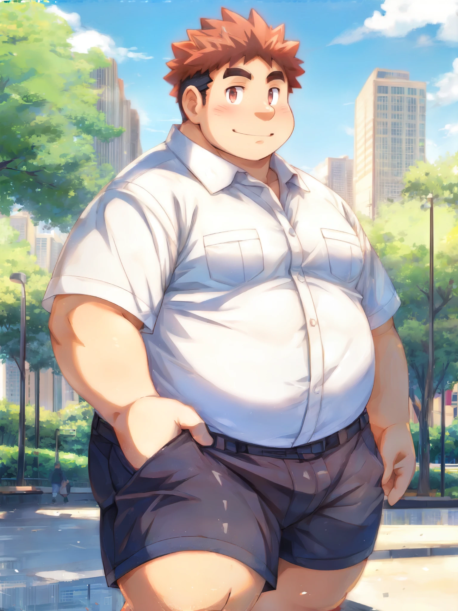 ry0uta housamo,chubby,1boy,solo, walking on park, city background, detailed face, detailed eyes, wearing shirt, wearing shorts, masterpiece, looking at viewer, cute, blush, sunny day, smiles, closed mouth, cinematic shot,human