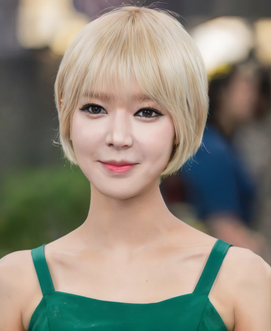 a beautiful picture of ch04x, short hair,blonde, idol,smile, masterpiece, face focus, photorealistic, woman,4k, hdr, bloom, light, RAW color photo,(fully in frame:1.1), (blush:0.5), (goosebumps:0.5), <lora:ch04xl:1>, wearing a green dress