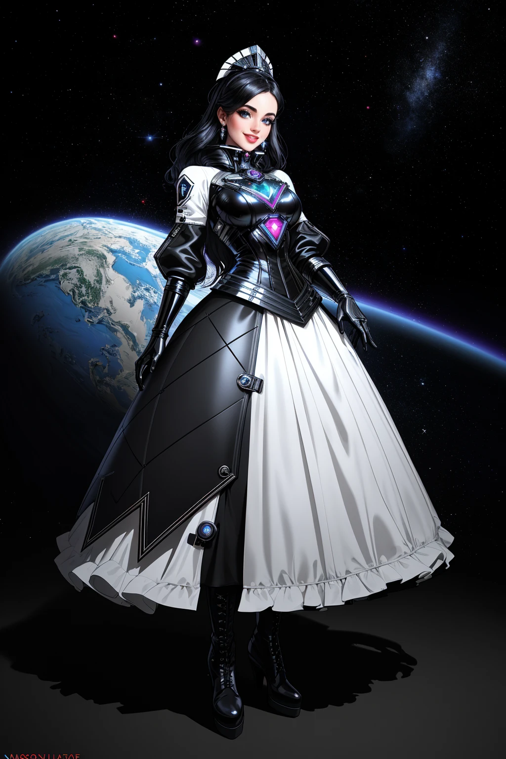 ((Masterpiece, best quality,edgQuality)),smiling,excited,(in space)
ballgown,edgSciFi, a woman in a black and white outfit and boots ,wearing edgSciFi space suit
 <lora:edgSpaceGowns:1>