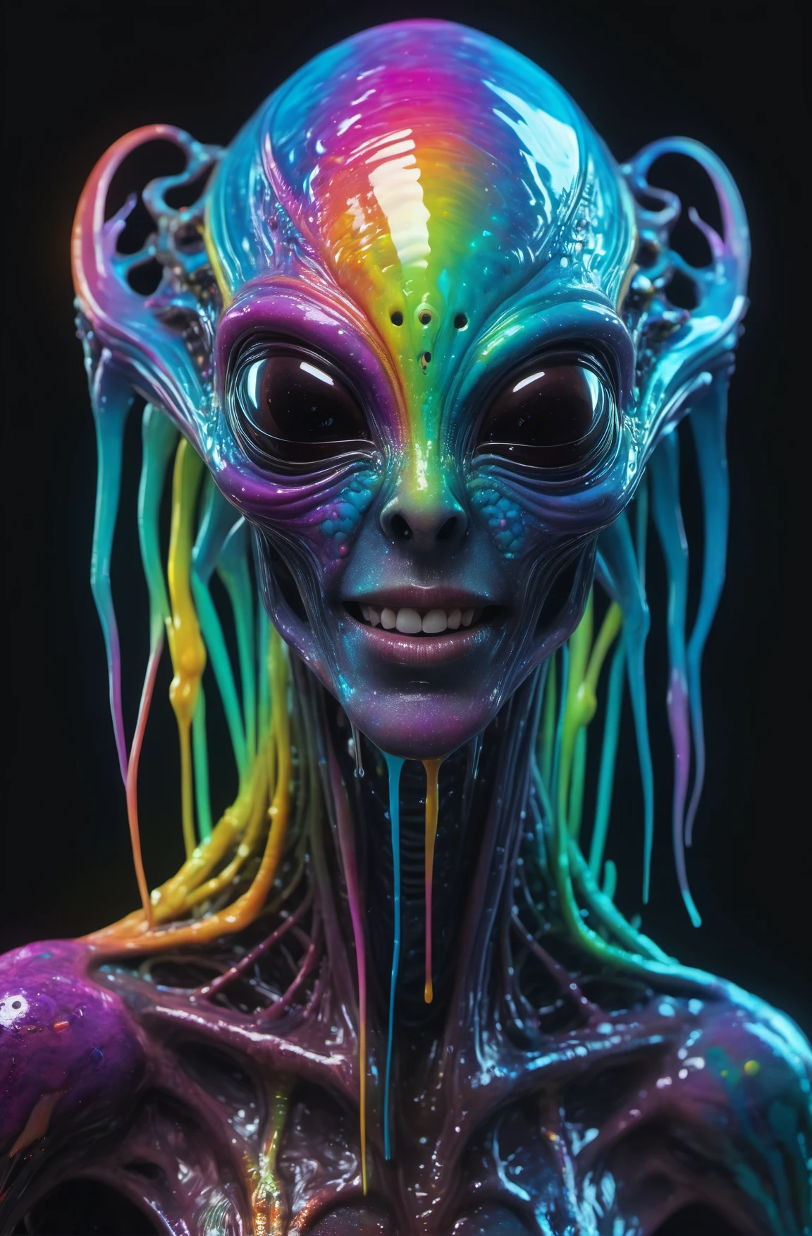 impossibly beautiful portrait of alien shapeshifter entity, insane smile, intricate complexity, surreal horror, inverted neon rainbow drip paint, trending on art station, photoreal, 8 k, octane render by greg rutkowski