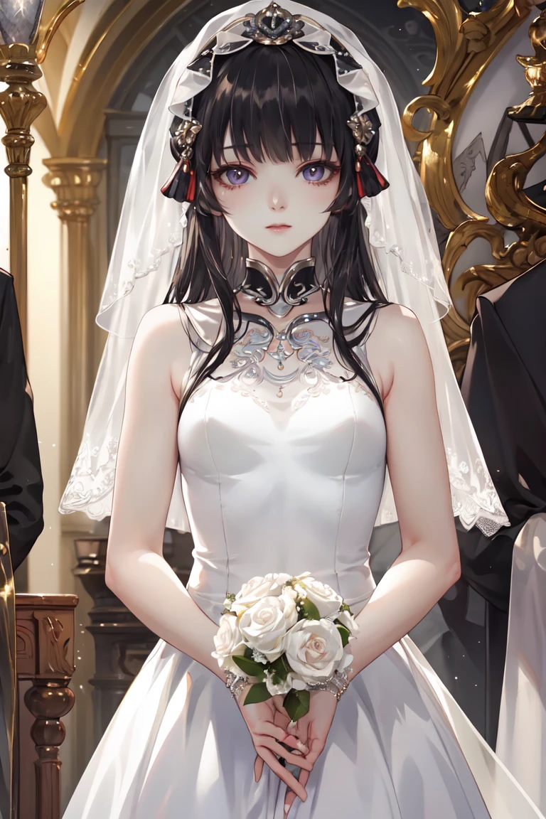 masterpiece, best quality, ultra-detailed, glistening shiny, glowing light, ray tracing, HDR, deph of field, (perfect face, detailed face), 1girl, solo, <lora:BanYue:0.8>, banyue, long hair, small breasts, wedding dress, looking at viewer, standing,