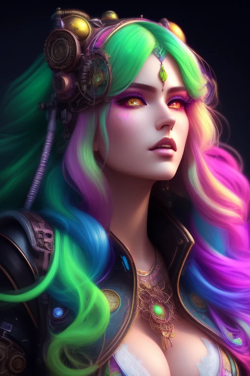 colorful, neon, beautiful cute girl, lush long fluffy green hair, beautiful detailed face, best quality, extremely detailed, colorful, neon, sci-fi, steampunk, cinematic, colorful background, concept art, dramatic lighting, high detail, highly detailed, hyper realistic, intricate, intricate sharp details, octane render, smooth, natural lighting, trending on artstation