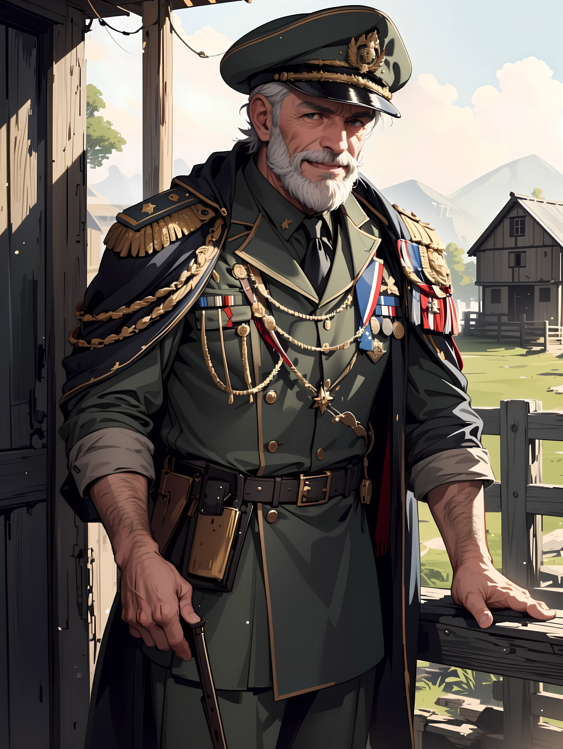 ((extremely detailed 8k illustration)), highres, (extremely detailed and beautiful background), ultra detailed painting, professional illustrasion, Ultra-precise depiction, Ultra-detailed depiction, (beautiful and aesthetic:1.2), HDR, (depth of field:1.4), colorful, vivid, beautiful detailed glow light particles, intricate:1.4, <lora:GoodHands-beta2:1>, nice hands, perfect hands, cowboy shot,
The weathered veteran might have a grizzled appearance, rugged facial features, smile, Wearing a weathered military uniform adorned with medals and insignia, perhaps with a cloak draped over one shoulder, symbolizing experience and authority, A small farming village where people come and go,